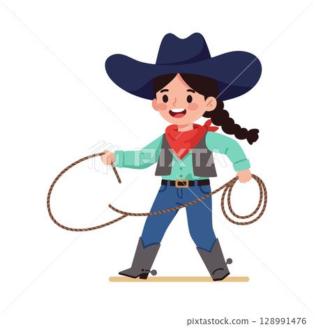 Girl Cowboy Wearing Hat and Holding Lasso Rope Vector Illustration Girl Cowboy Wearing Hat and Holding Lasso Rope Vector Illustration 128991476