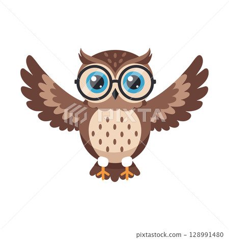 Cute owl with glasses cartoon character spreading wings vector illustration 128991480