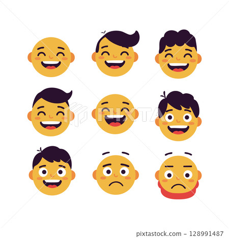 Smiling and sad male faces with various hairstyles vector illustration set Smiling and sad male faces with various hairstyles vector illustration set 128991487