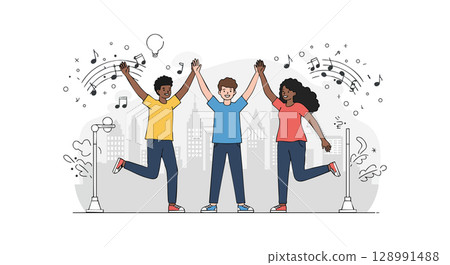 Group of diverse friends celebrating with music and cityscape background vector illustration Group of diverse friends celebrating with music and cityscape background vector illustration 128991488