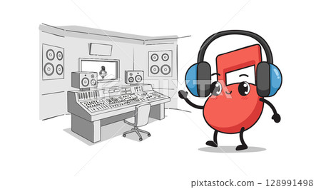 Cartoon Red Musical Note Wearing Headphones in Sound Recording Studio Vector Illustration Cartoon Red Musical Note Wearing Headphones in Sound Recording Studio Vector Illustration 128991498