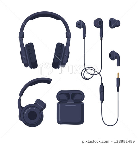 Dark blue headphones and earphones vector set with charging case and wired jack Dark blue headphones and earphones vector set with charging case and wired jack 128991499