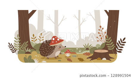 Hedgehog walking in autumn forest with mushrooms and tree stumps vector illustration Hedgehog walking in autumn forest with mushrooms and tree stumps vector illustration 128991504