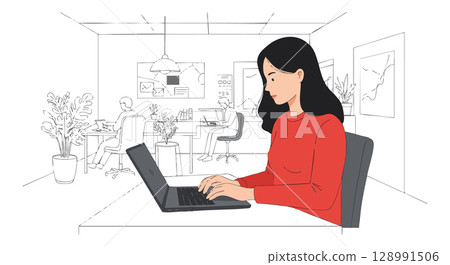 Woman Working on Laptop in Modern Office Interior with Plants and Minimalist Design Woman Working on Laptop in Modern Office Interior with Plants and Minimalist Design 128991506