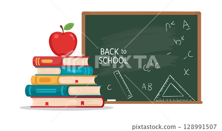 Stack of Books with Red Apple and Chalkboard Back to School Education Vector Illustration 128991507