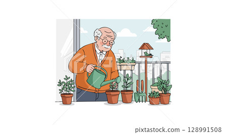 Elderly man watering plants in balcony garden with green watering can and pots vector illustration 128991508