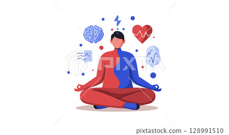 Human silhouette with brain and heart symbols representing mental and physical health balance vector 128991510