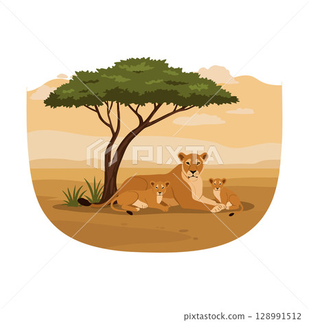 Lioness with two cubs resting under acacia tree in savannah landscape vector illustration Lioness with two cubs resting under acacia tree in savannah landscape vector illustration 128991512