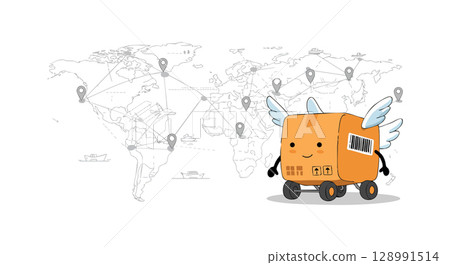 Flying delivery box with wings and world map background global shipping concept vector illustration 128991514