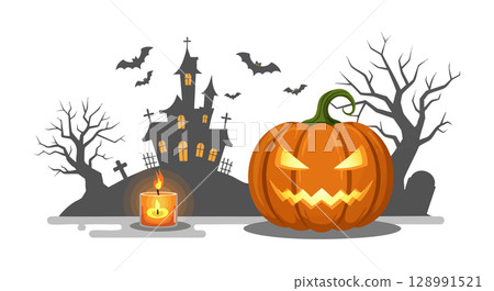Halloween pumpkin with haunted house bats and candle spooky vector illustration 128991521