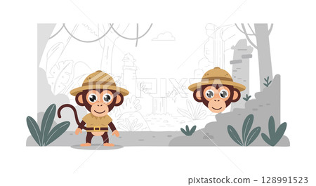 Two Curious Monkeys Wearing Safari Hats in Jungle Exploration Vector Illustration 128991523