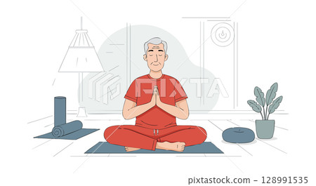Elderly person practicing meditation and yoga at home in calm environment vector illustration 128991535