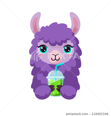 Purple Llama Drinking Green Bubble Tea Cute Animal Vector Illustration 128991546