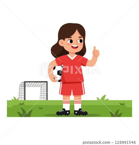 Girl Soccer Player Holding Ball Giving Thumbs Up on Field in Red Uniform Vector Illustration 128991548