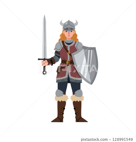 Female Viking Warrior Holding Sword and Shield in Medieval Armor Vector Illustration Female Viking Warrior Holding Sword and Shield in Medieval Armor Vector Illustration 128991549