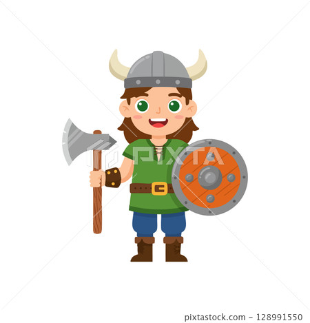 Viking warrior boy with axe and shield in helmet cartoon character vector 128991550