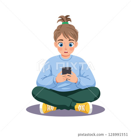 Child sitting cross-legged using smartphone surprised facial expression vector illustration 128991551