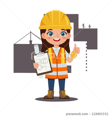 Female Construction Worker Wearing Safety Gear Holding Blueprint and Giving Thumbs Up Vector Illustration 128991552