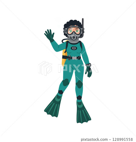 Scuba Diver Wearing Full Diving Gear and Waving Hand Vector Illustration 128991558