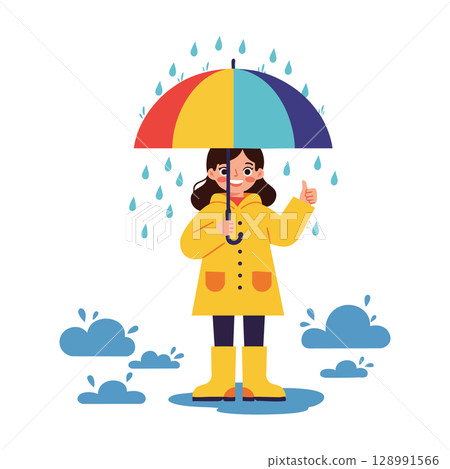 Girl in yellow raincoat holding colorful umbrella during rainy weather vector illustration 128991566