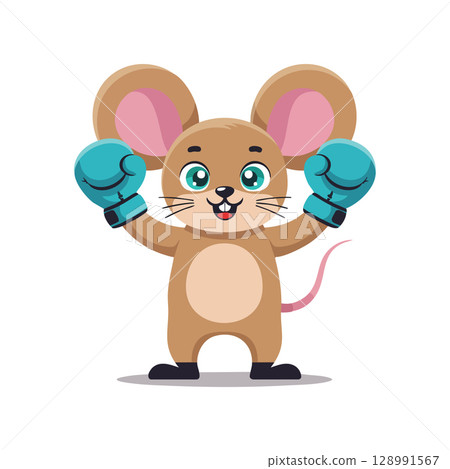 Cartoon mouse wearing blue boxing gloves standing with raised arms vector illustration 128991567
