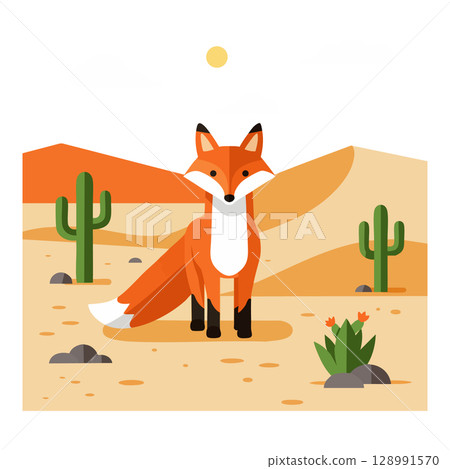Fox in Desert Landscape with Cacti and Sun Vector Illustration in Orange and Beige Colors 128991570