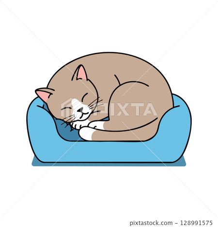 Sleeping brown and white cat curled up on blue pet bed vector illustration 128991575