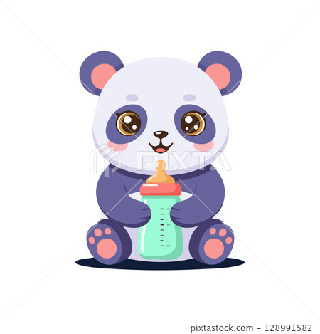 Cute baby panda holding milk bottle adorable cartoon animal character vector illustration Cute baby panda holding milk bottle adorable cartoon animal character vector illustration 128991582