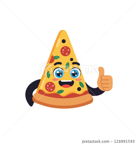Pizza slice cartoon character with happy face and thumbs up gesture vector illustration Pizza slice cartoon character with happy face and thumbs up gesture vector illustration 128991593