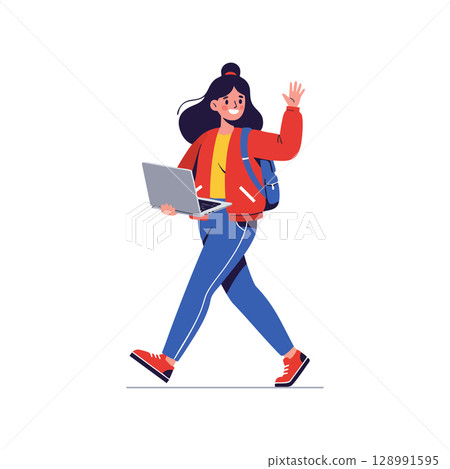 Young Woman Walking with Laptop Wearing Red Jacket Blue Pants and Backpack Vector Illustration Young Woman Walking with Laptop Wearing Red Jacket Blue Pants and Backpack Vector Illustration 128991595