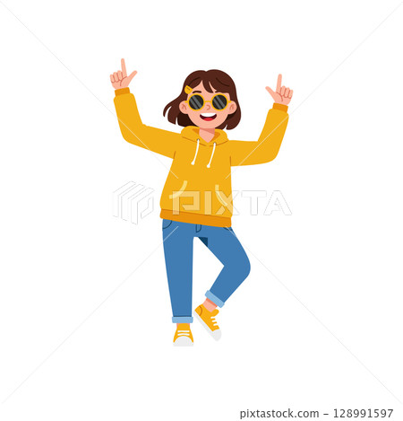 Young woman dancing in yellow hoodie and blue jeans wearing sunglasses vector illustration 128991597