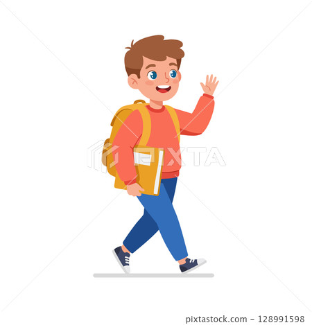 Happy young boy walking with backpack and book illustration in casual clothes vector 128991598