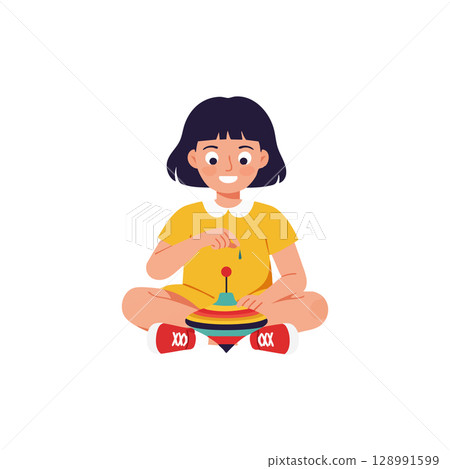 Girl playing with colorful spinning top toy sitting cross-legged vector illustration 128991599