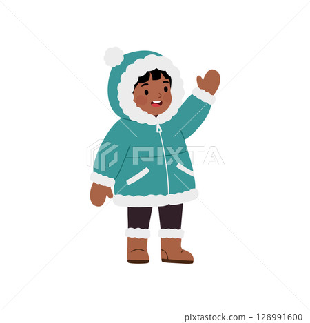 Child in Winter Coat Waving Hand Wearing Blue Jacket and Brown Boots Vector Illustration Child in Winter Coat Waving Hand Wearing Blue Jacket and Brown Boots Vector Illustration 128991600
