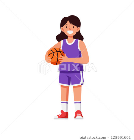 Girl holding basketball in purple sportswear standing smiling vector illustration 128991601