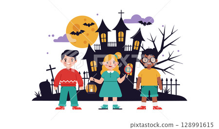 Children holding lanterns in front of spooky haunted house with full moon and bats vector illustration Children holding lanterns in front of spooky haunted house with full moon and bats vector illustration 128991615