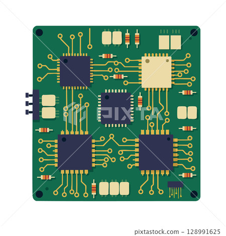 Electronic circuit board with chips and resistors in flat vector style for technology projects 128991625