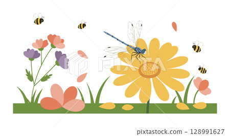 Dragonfly on yellow flower with bees and pastel wildflowers vector illustration Dragonfly on yellow flower with bees and pastel wildflowers vector illustration 128991627