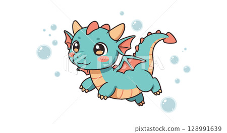 Cute blue cartoon baby dragon flying with bubbles fantasy vector illustration Cute blue cartoon baby dragon flying with bubbles fantasy vector illustration 128991639