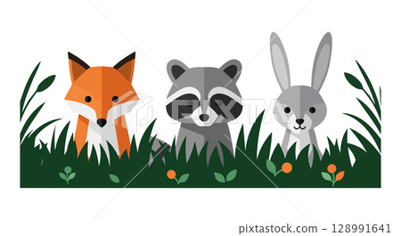 Fox raccoon and rabbit animals peeking through green grass vector illustration 128991641