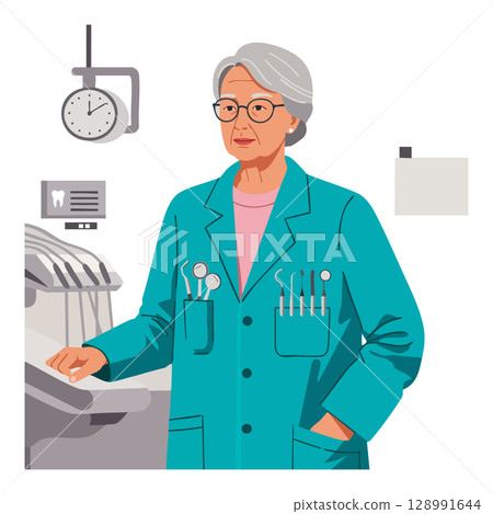 Female Dentist Wearing Teal Coat with Dental Tools in Clinic Illustration 128991644