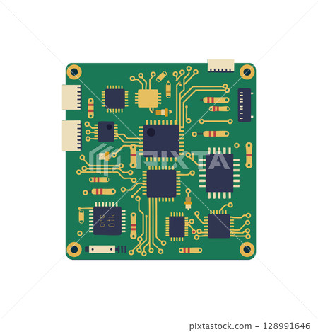 Electronic circuit board with microchips and resistors technology vector illustration 128991646