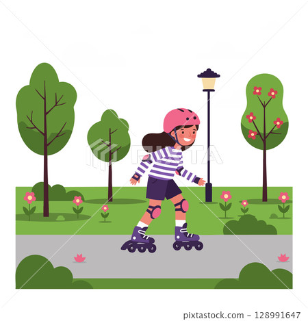 Girl roller skating outdoors in park with trees flowers and lamp post vector illustration 128991647
