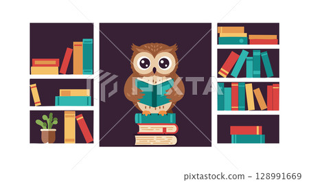 Owl reading book in library surrounded by colorful bookshelves and plant vector illustration 128991669