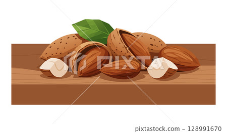Almond nuts with green leaves on wooden surface healthy snack vector illustration Almond nuts with green leaves on wooden surface healthy snack vector illustration 128991670