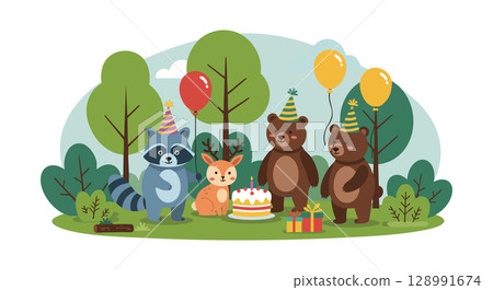Forest animals birthday party with cake balloons gifts and party hats vector illustration Forest animals birthday party with cake balloons gifts and party hats vector illustration 128991674