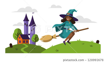 Young witch flying on broomstick near castle in green landscape vector illustration 128991678