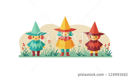 Three Cute Cartoon Kids Wearing Colorful Halloween Witch Costumes Vector Illustration 128991682