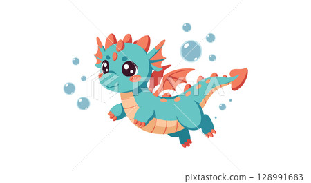 Cute cartoon baby dragon blowing bubbles underwater fantasy creature vector illustration 128991683