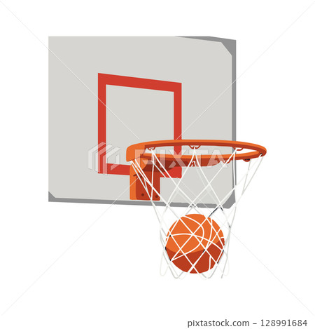 Basketball hoop with orange ball going through white net vector illustration 128991684